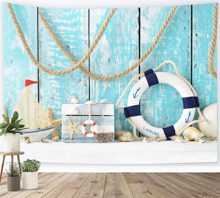 Summer Blue Boardwalk Swimming Circle Sailboat Shell Backdrop RR3-14