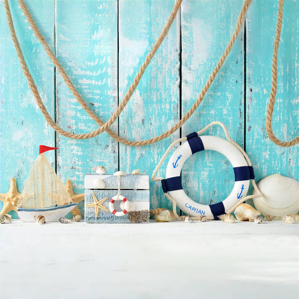 Summer Blue Boardwalk Swimming Circle Sailboat Shell Backdrop RR3-14