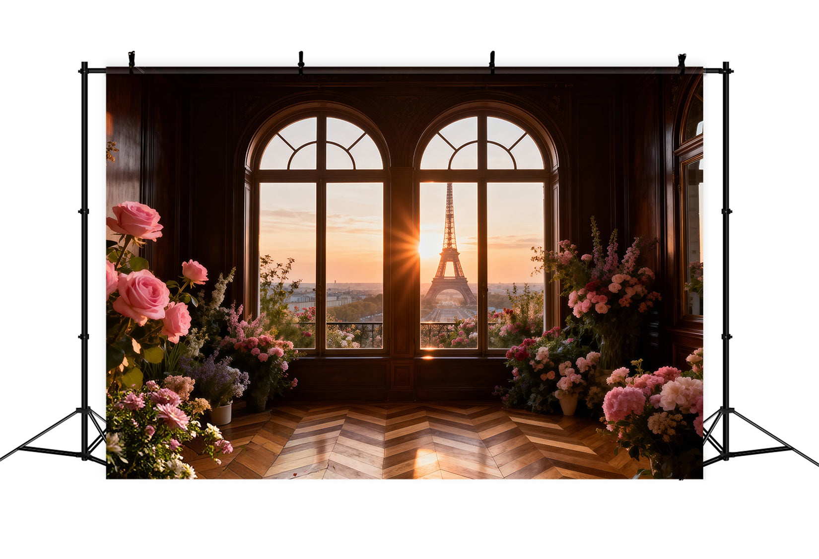 Paris Photo Backdrop Golden Window Floral Sunset Eiffel Tower Photo Backdrop UK RR61-43
