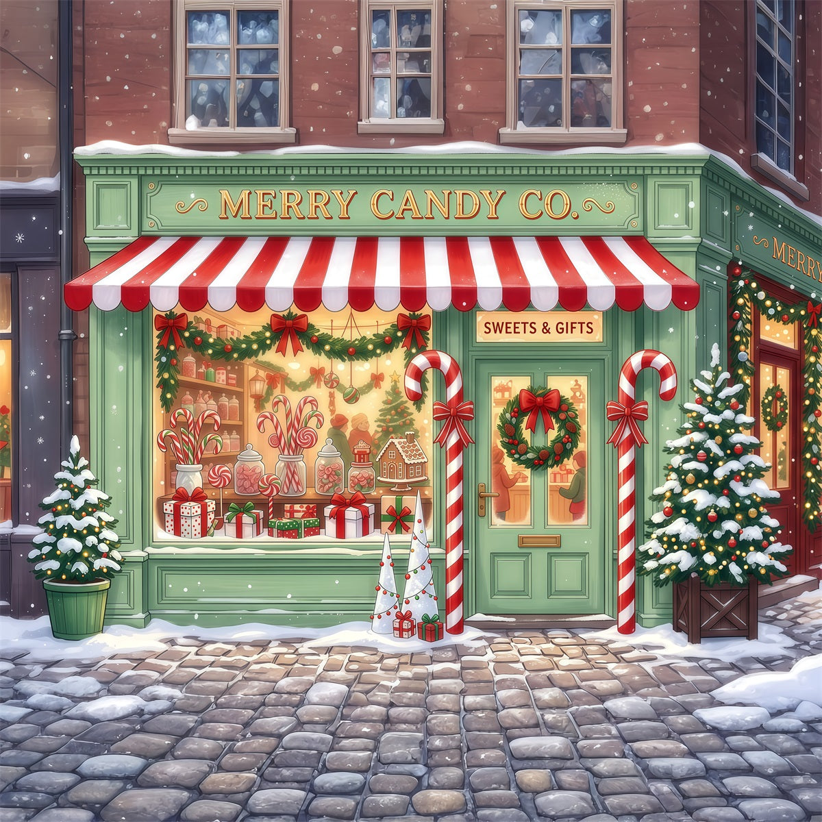 Christmas Candy Cane Backdrop Mint Green Candy Shopfront Merry Christmas Backdrop UK RR610-100