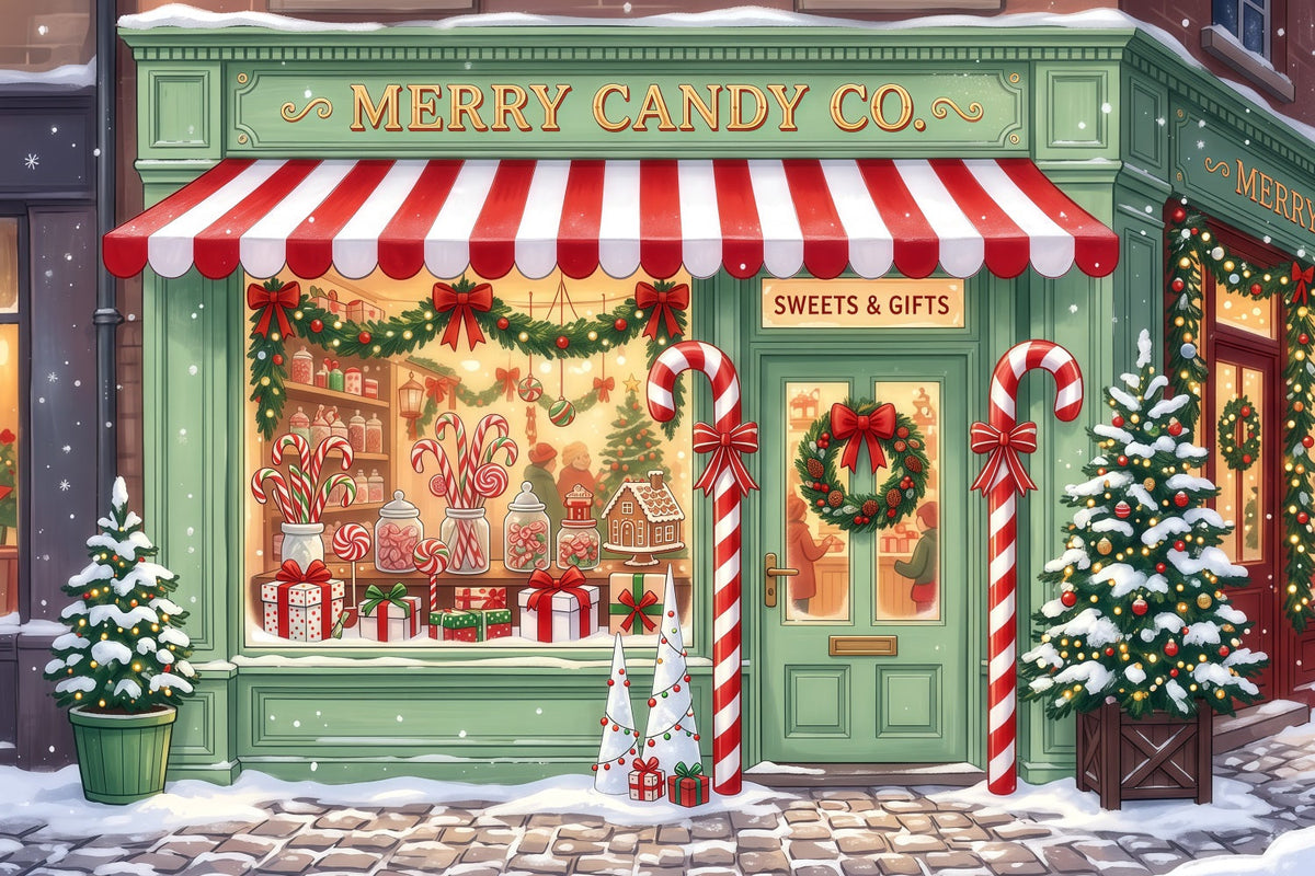 Christmas Candy Cane Backdrop Mint Green Candy Shopfront Merry Christmas Backdrop UK RR610-100