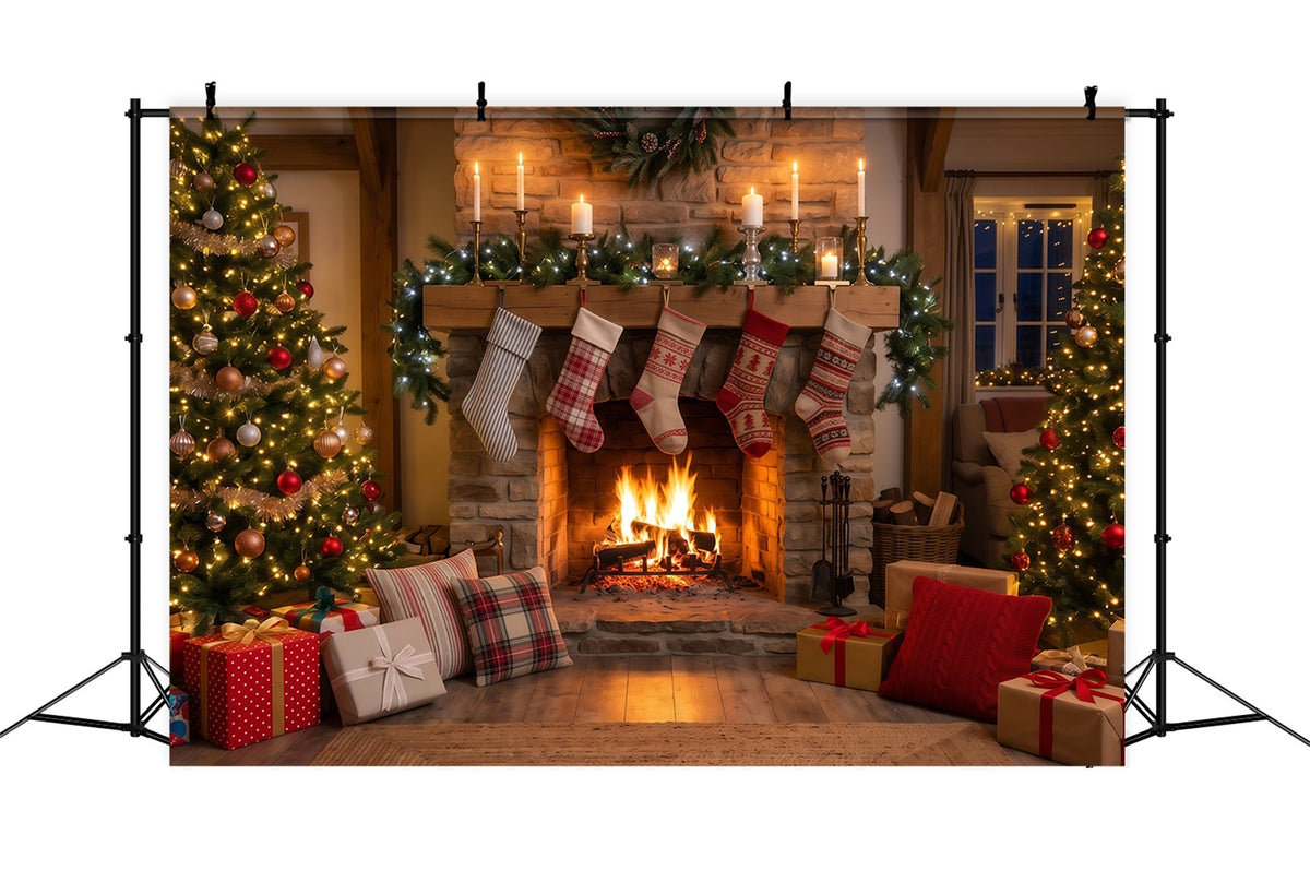 Christmas Fireplace Backdrop Rustic Hanging Stockings Christmas Backdrop for Photography UK RR610-104