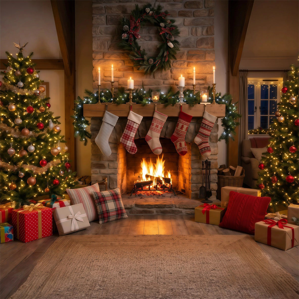 Christmas Fireplace Backdrop Rustic Hanging Stockings Christmas Backdrop for Photography UK RR610-104