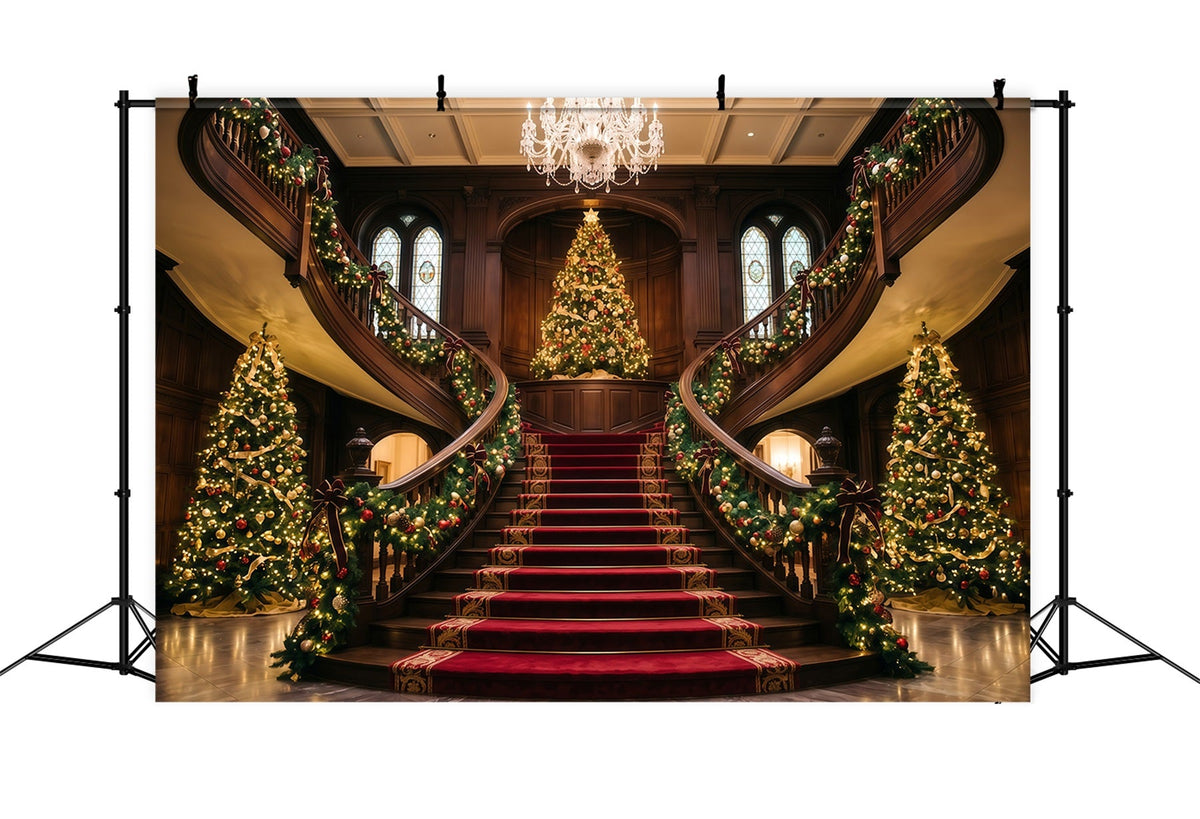 Living Room Christmas Backdrop Ornate Double Staircase Foyer Christmas Wall Backdrop UK RR610-108