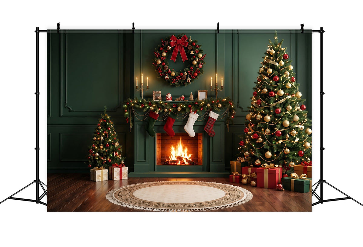 Christmas Fireplace Backdrops Evergreen Stockings Wreath Christmas Scene Backdrop UK RR610-110