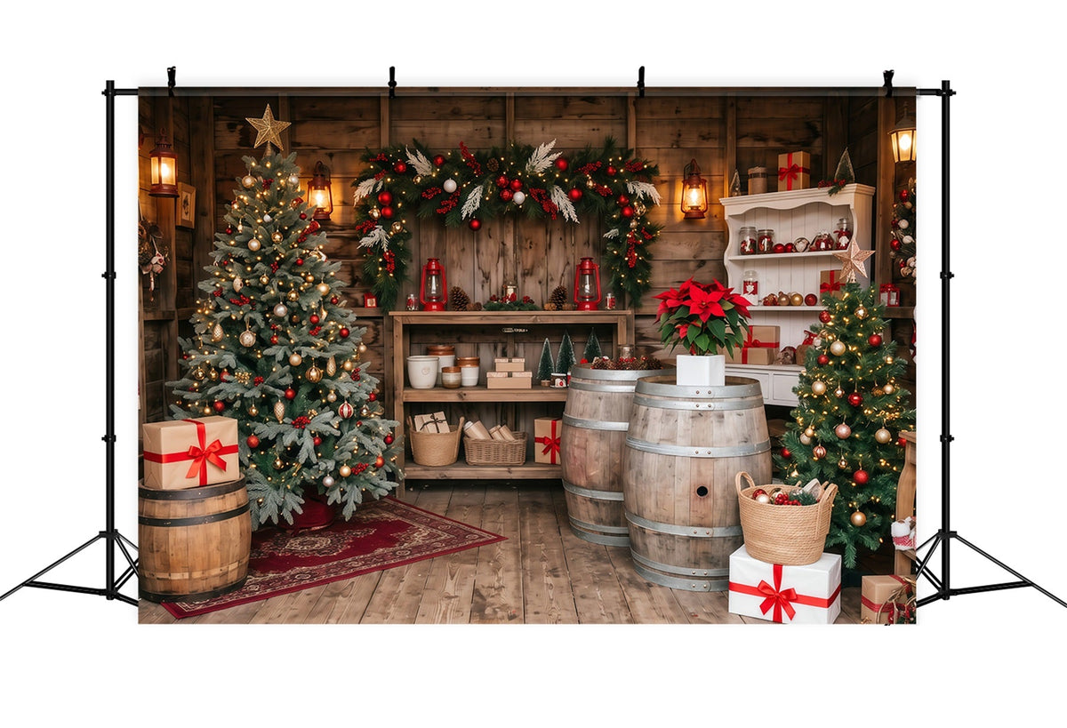 Christmas Store Backdrop Rustic Cabin Evergreen Christmas Backdrop for Pictures UK RR610-115