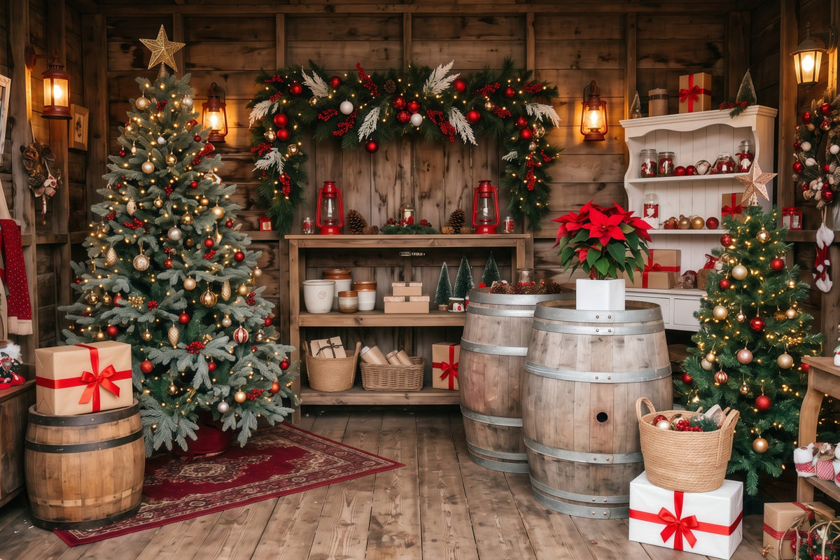 Christmas Store Backdrop Rustic Cabin Evergreen Christmas Backdrop for Pictures UK RR610-115