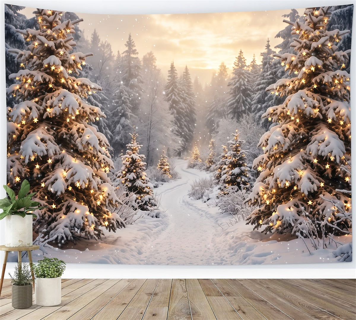Christmas Tree Forest Backdrop Golden Light Snowy Trees Christmas Party Photo Backdrop UK RR610-117