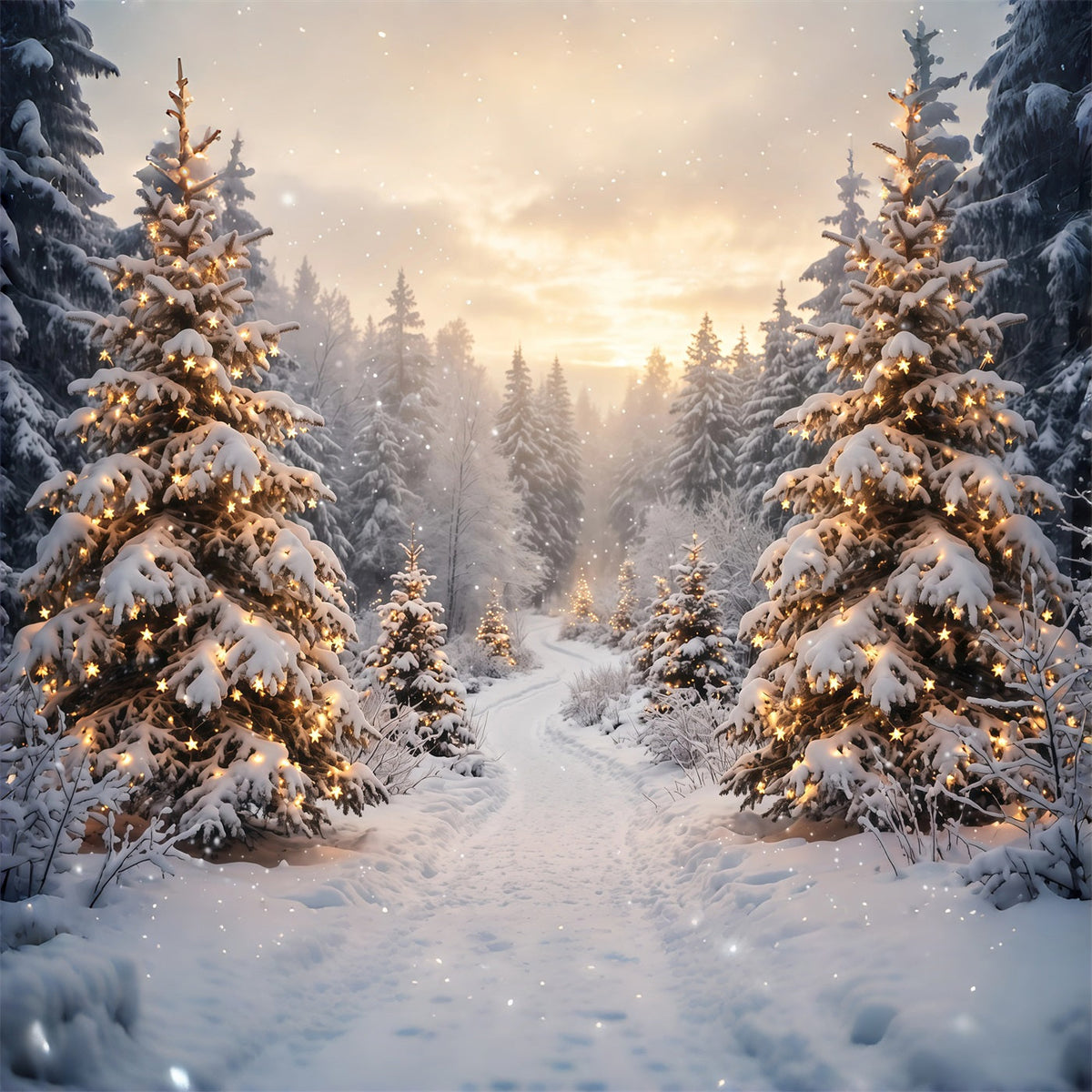 Christmas Tree Forest Backdrop Golden Light Snowy Trees Christmas Party Photo Backdrop UK RR610-117