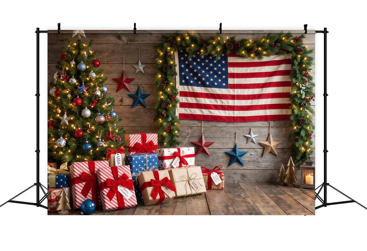 Country Christmas Backdrop Patriotic Flag Gift Christmas Tree Photography Backdrop UK RR610-118