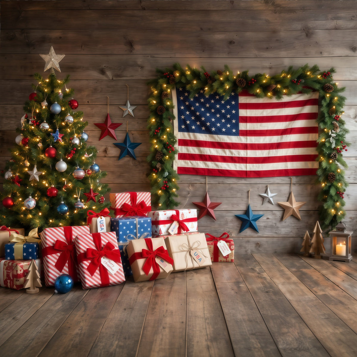 Country Christmas Backdrop Patriotic Flag Gift Christmas Tree Photography Backdrop UK RR610-118