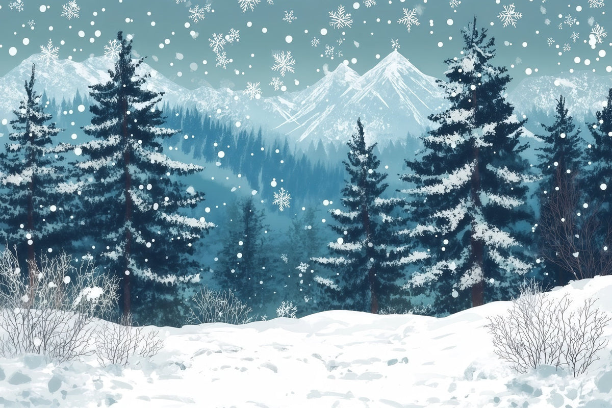Christmas Tree Photography Backdrop Snowy Mountain Pine Forest Christmas Backdrop Photo UK RR610-123