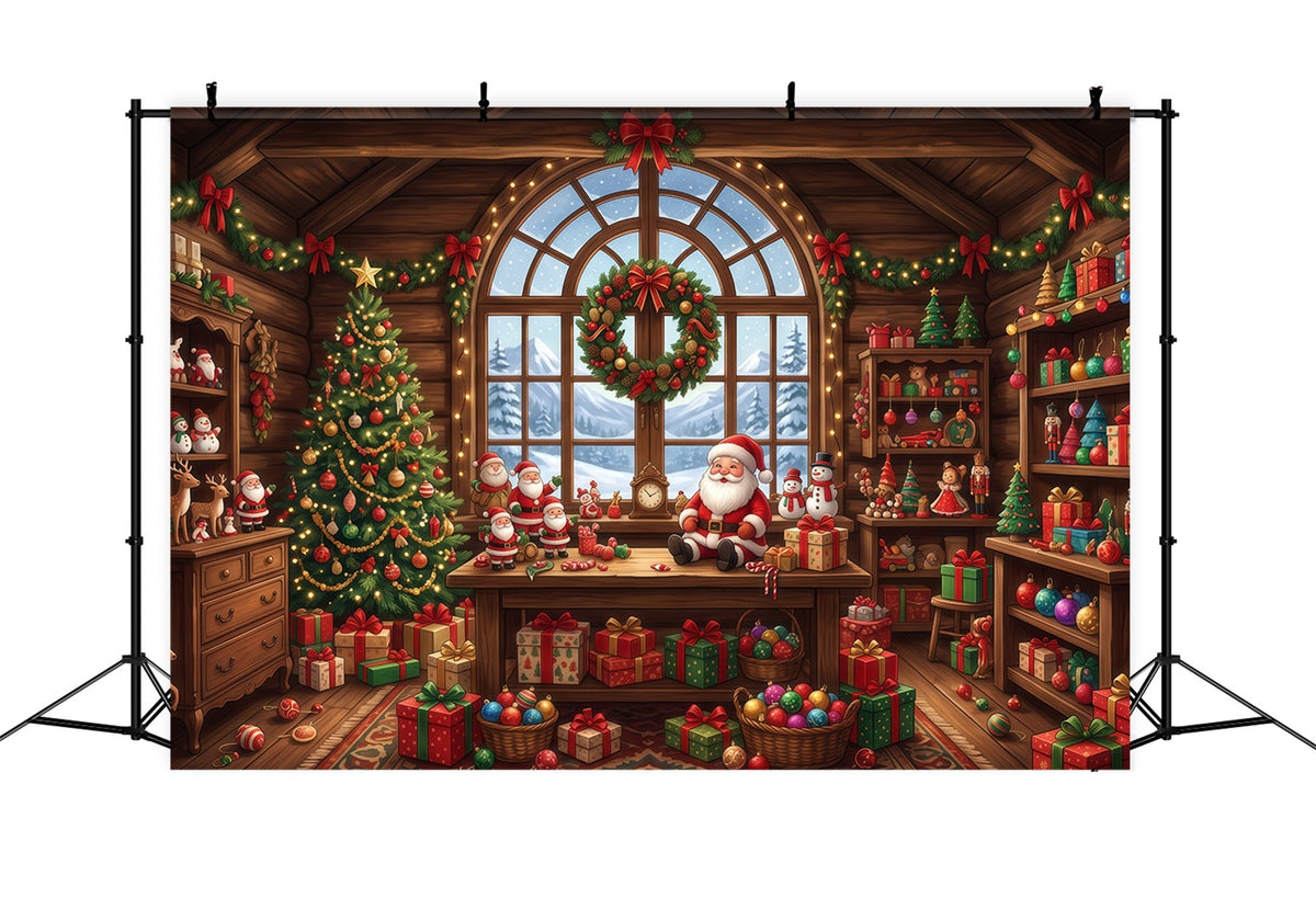 Santa Backdrop Rustic Toy Workshop Interior Christmas Backdrop for Party UK RR610-129