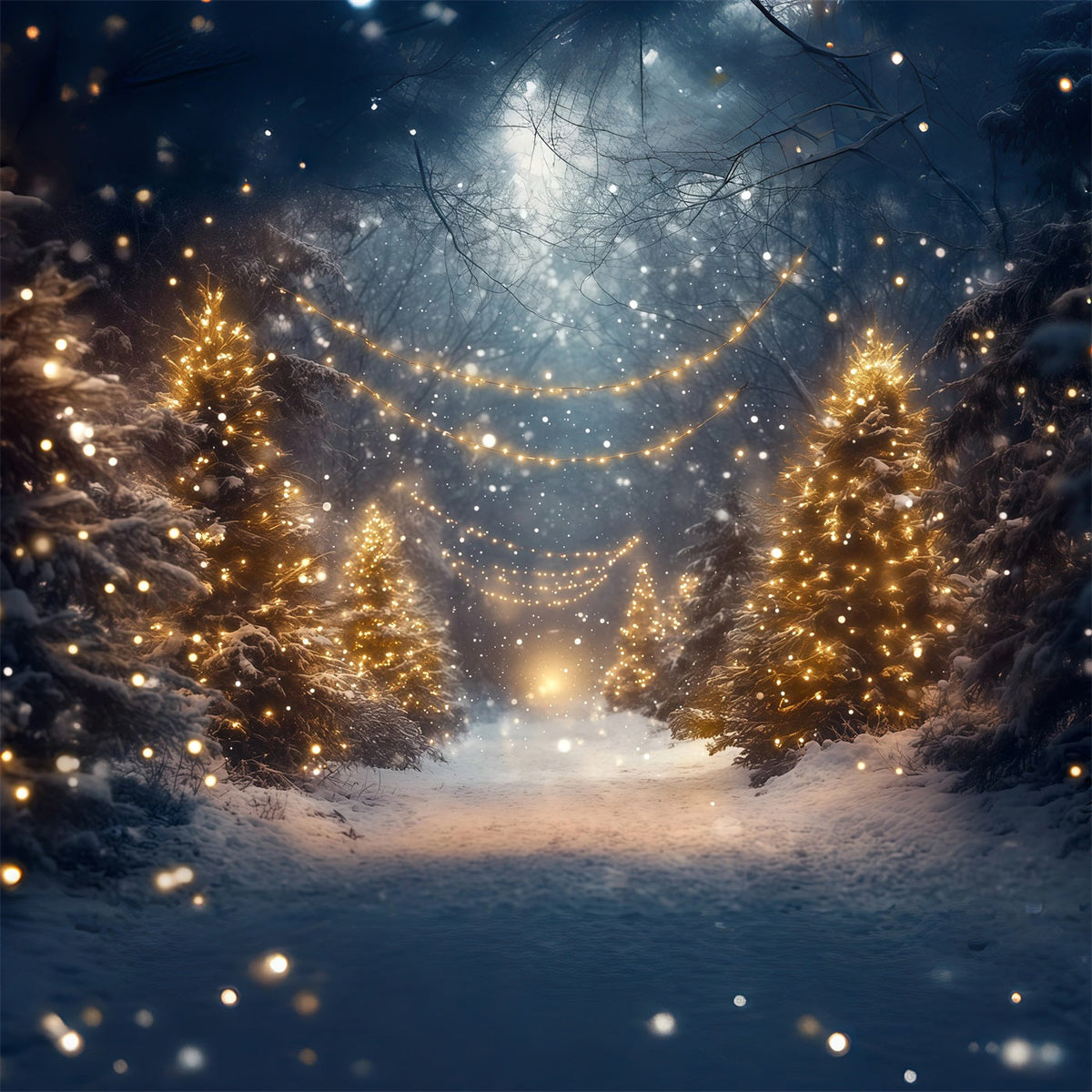 Christmas Tree Forest Backdrop Glowing Snowy Forest Path Christmas Picture Backdrops UK RR610-131
