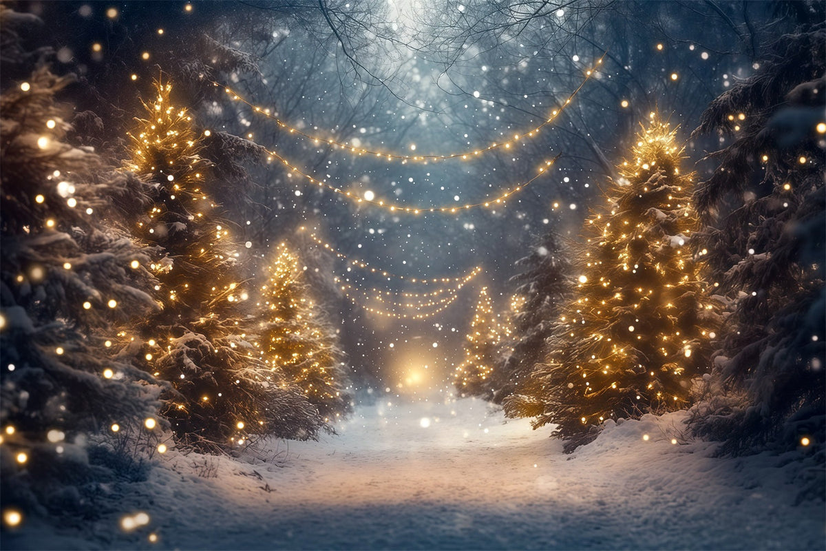 Christmas Tree Forest Backdrop Glowing Snowy Forest Path Christmas Picture Backdrops UK RR610-131