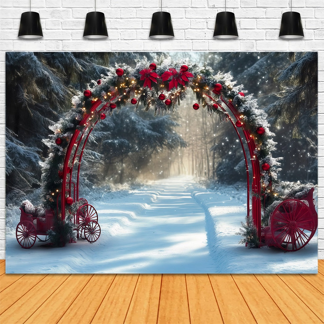 Snowy Christmas Backdrop Red Archway Snowy Carriages Christmas Studio Backdrop UK RR610-138