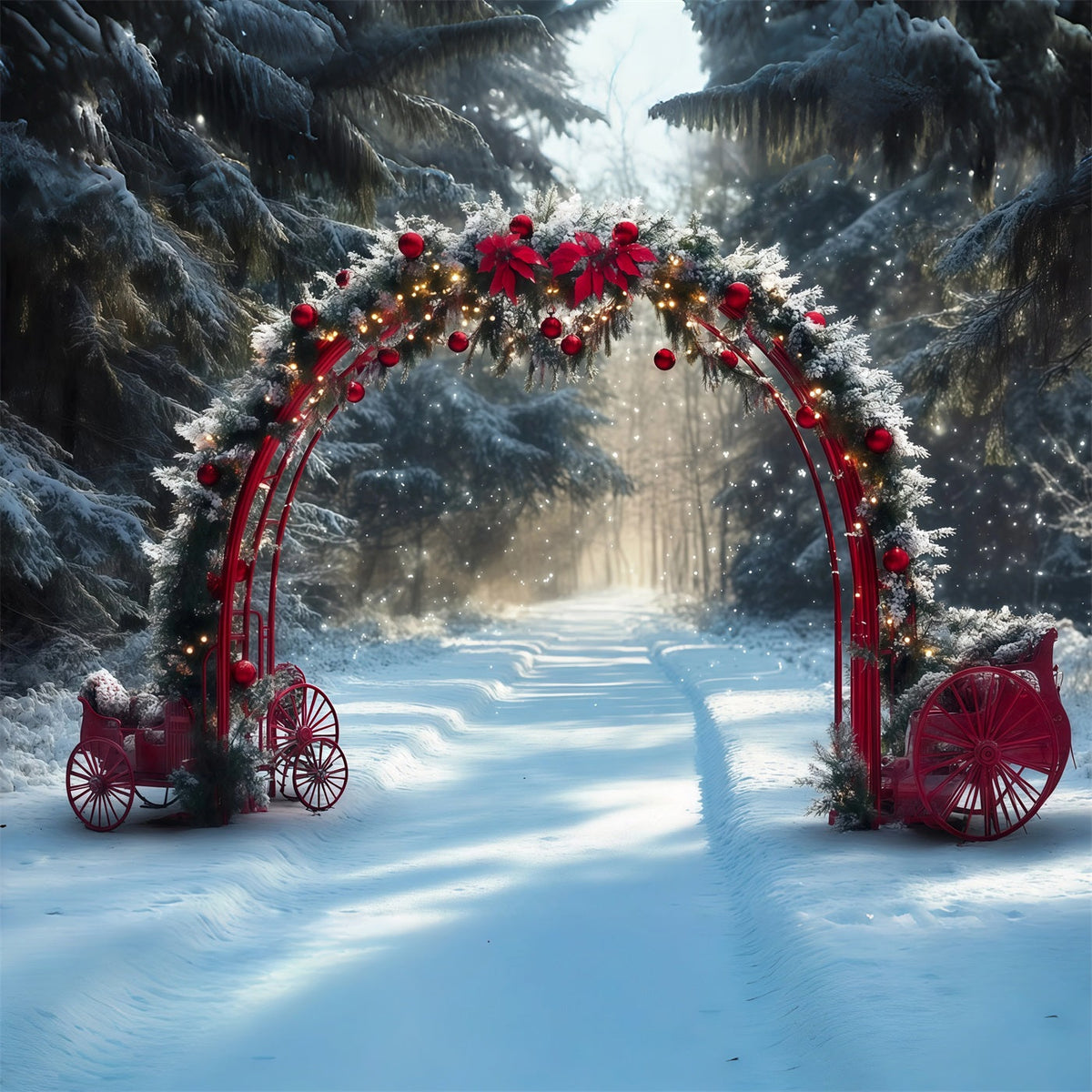 Snowy Christmas Backdrop Red Archway Snowy Carriages Christmas Studio Backdrop UK RR610-138