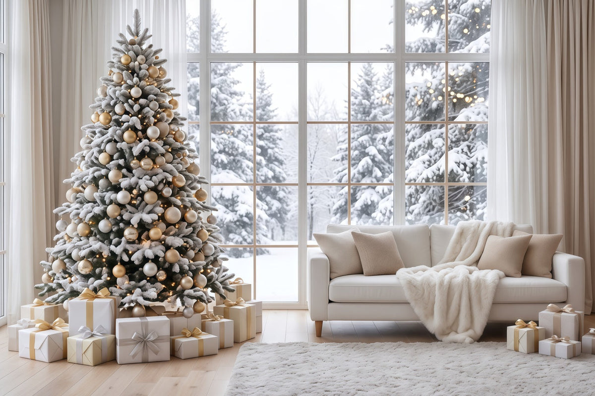 White Christmas Photo Backdrop Snowy Window Living Room Best Christmas Backdrops for Photography UK RR610-139