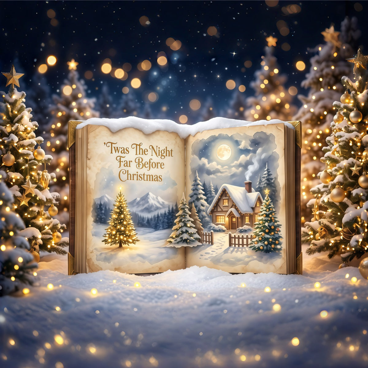 Photography Christmas Backdrop Moonlit Storybook Cottage Christmas Carol Backdrop UK RR610-14