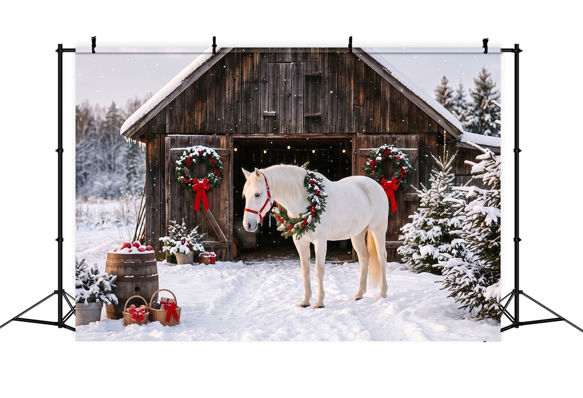 Western Christmas Backdrop White Horse Festive Barn Christmas Backdrop Photoshoot UK RR610-143