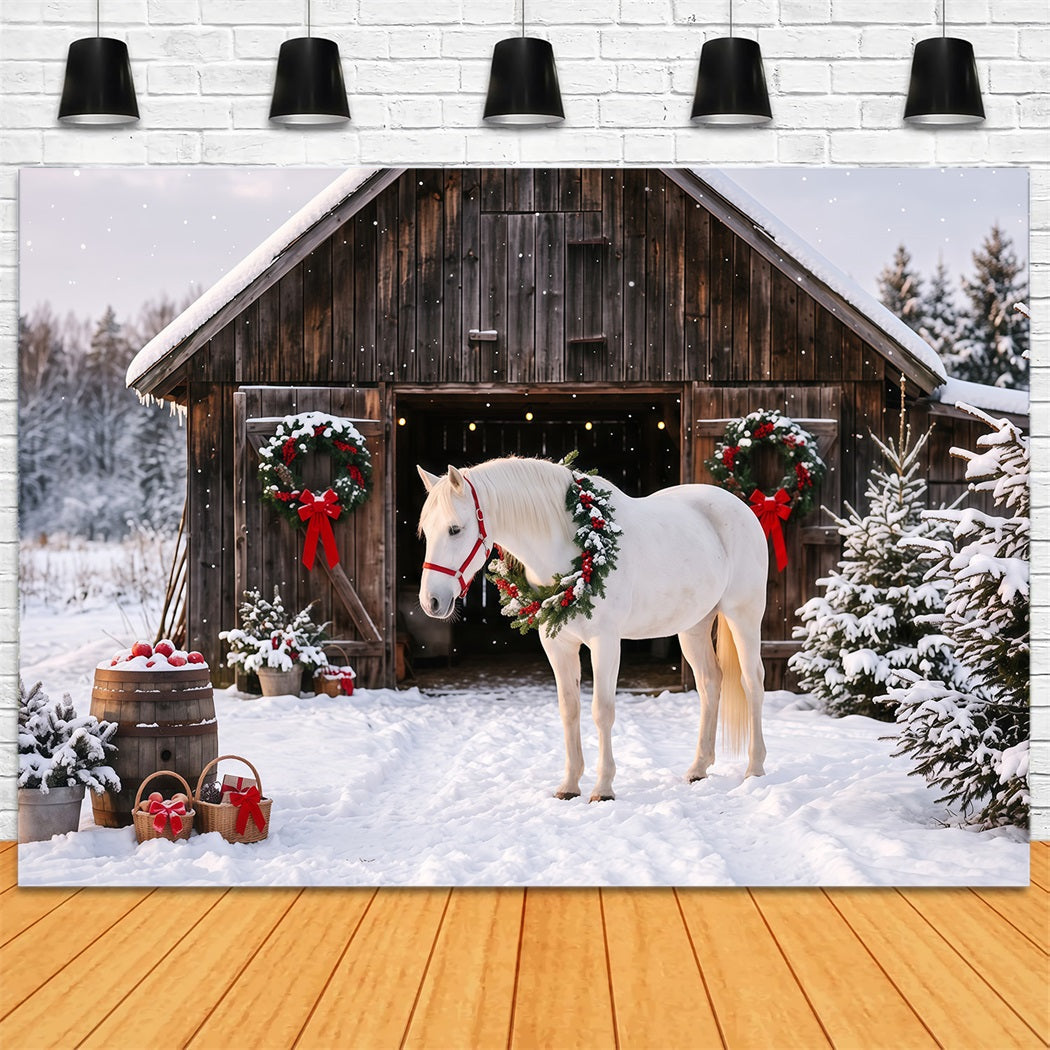 Western Christmas Backdrop White Horse Festive Barn Christmas Backdrop Photoshoot UK RR610-143