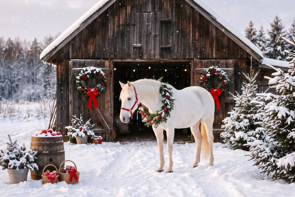 Western Christmas Backdrop White Horse Festive Barn Christmas Backdrop Photoshoot UK RR610-143