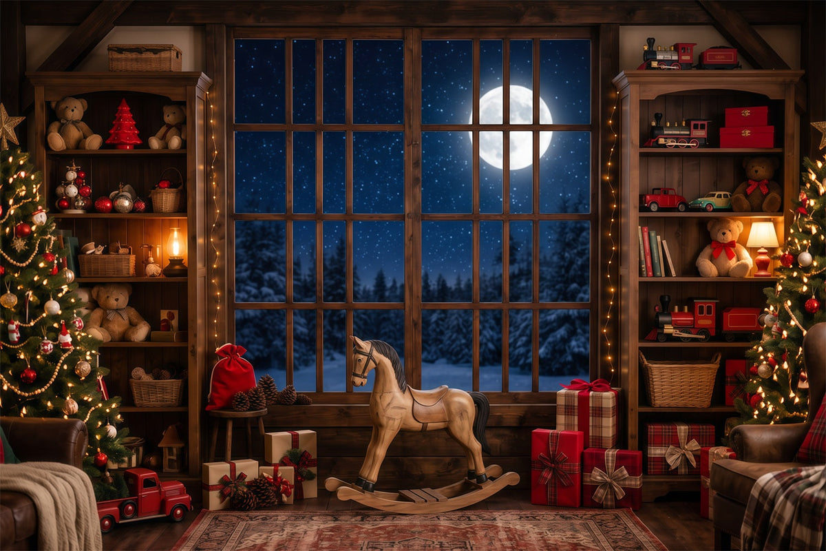 Santa Workshop Backdrop Moonlit Toyroom Window Display Xmas Backdrops Photography UK RR610-148