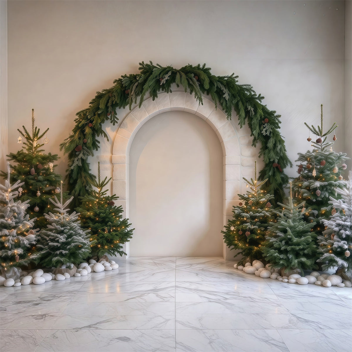 Photography Christmas Tree Backdrop Evergreen Garland Stone Arch Xmas Photo Backdrop UK RR610-151