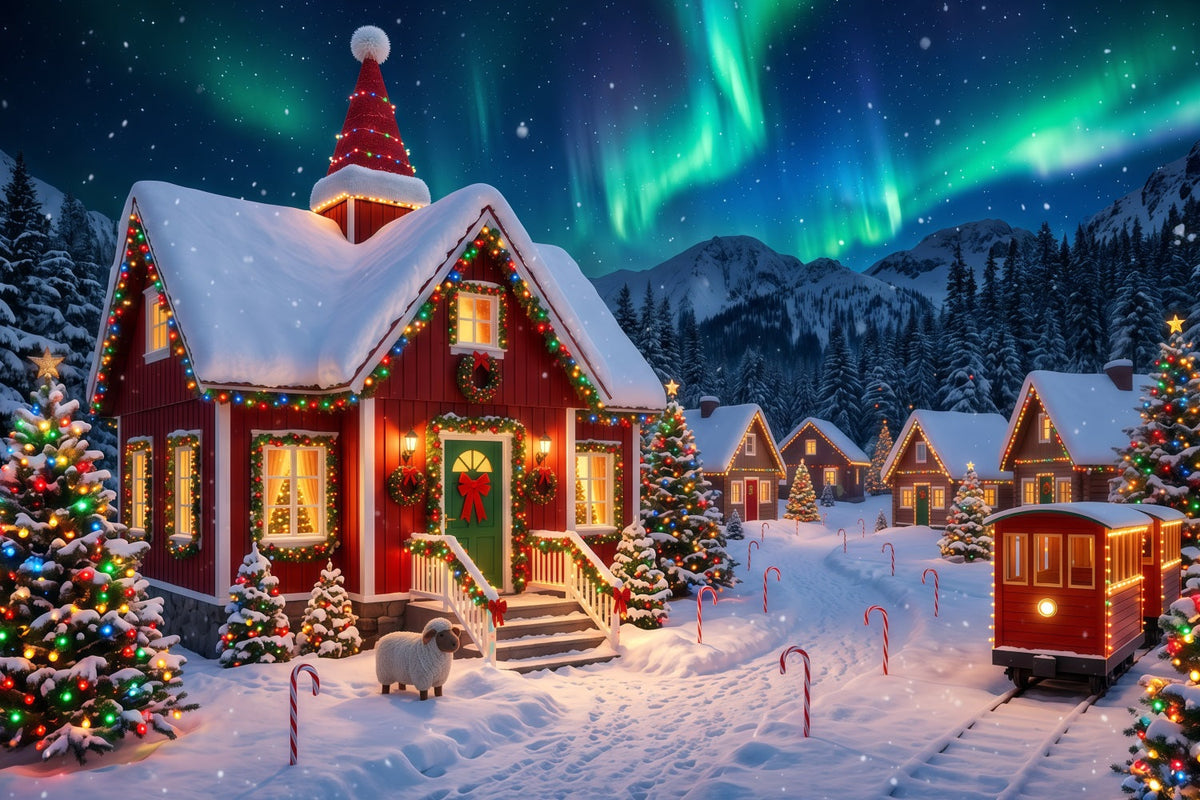 Christmas Elf Backdrop Aurora Snowy Village Lights Christmas Photos Backdrop UK RR610-153