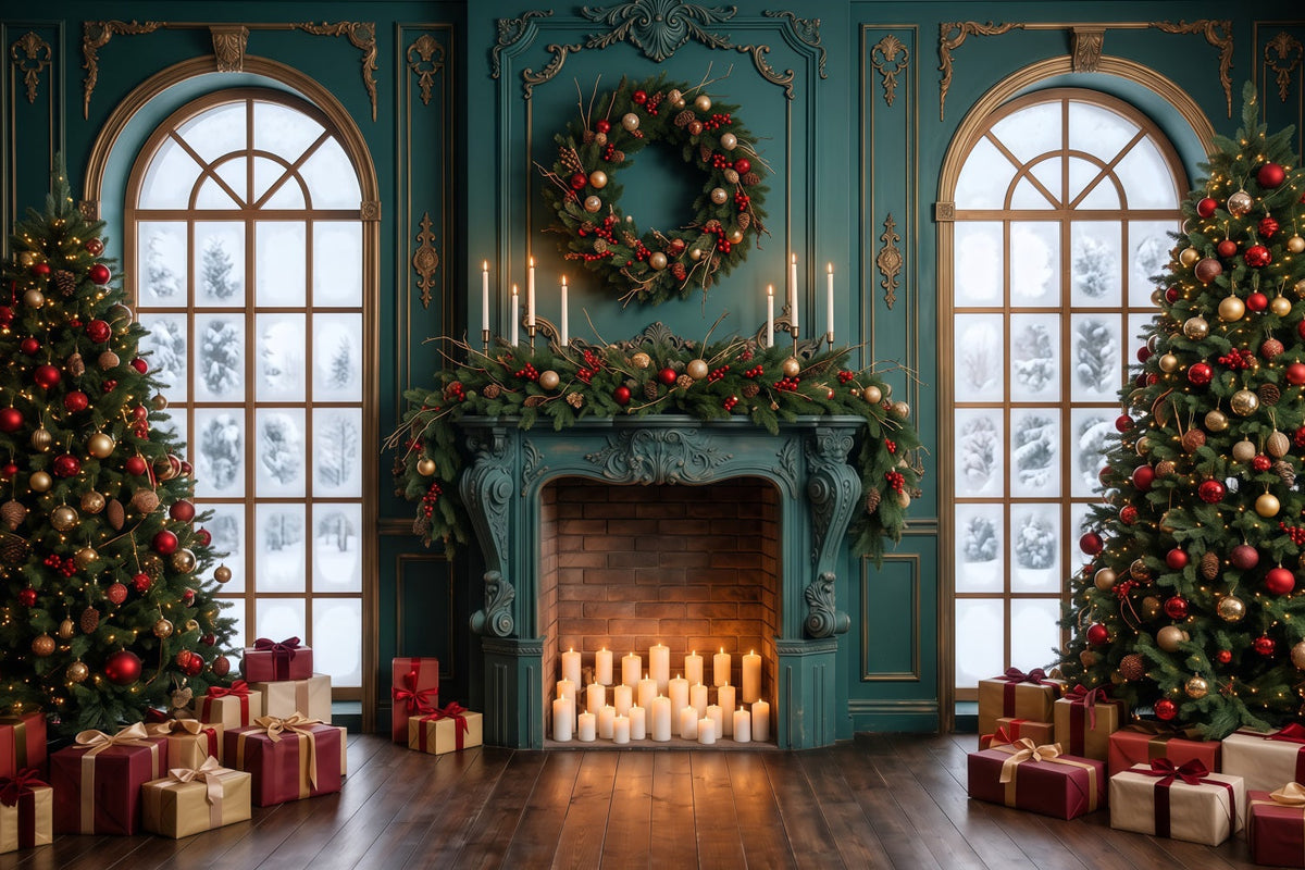 Living Room Christmas Backdrop Emerald Mantel Candlelight Christmas Card Backdrops UK RR610-154