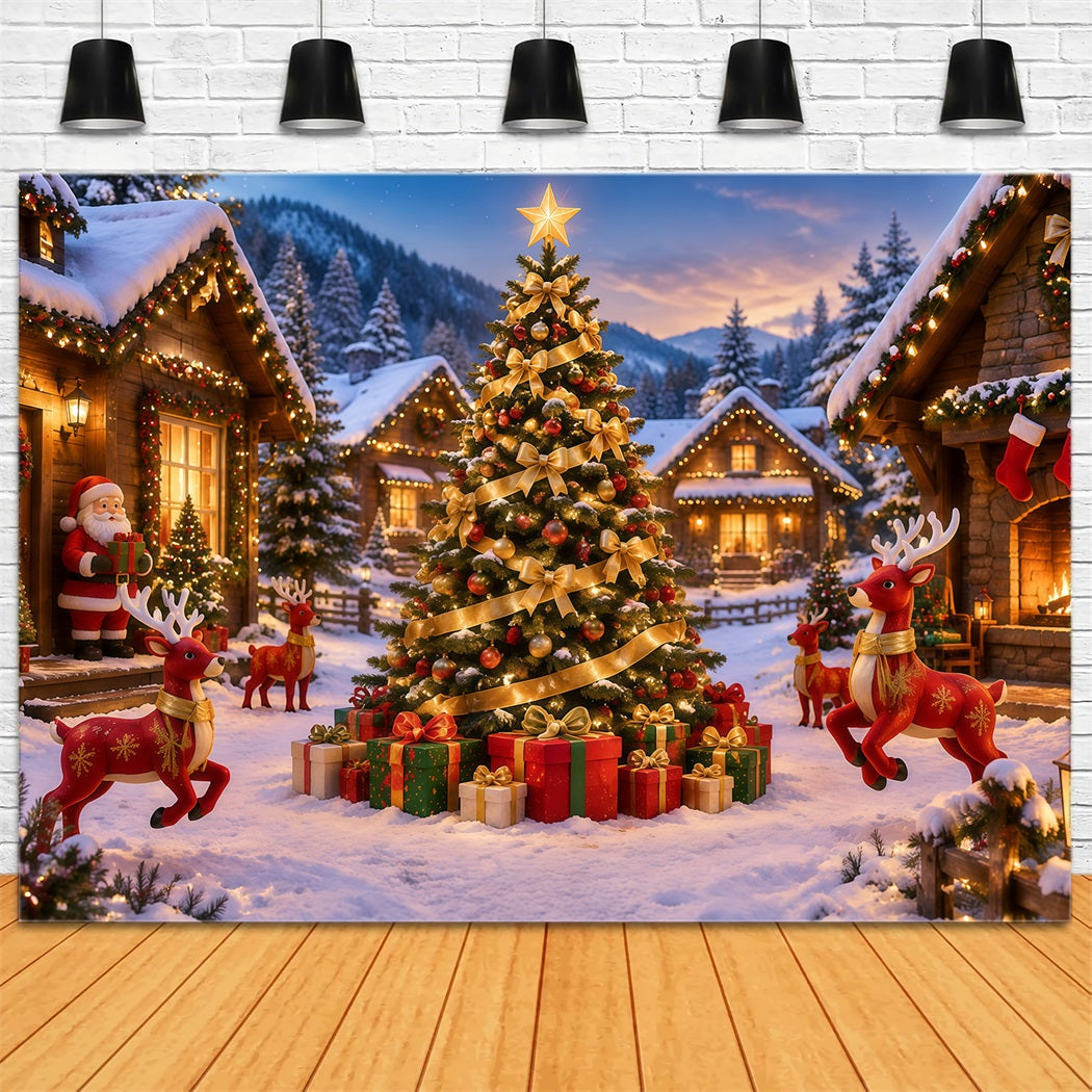 Retro Christmas Backdrop Golden Ribbon Snowy Village Reindeer Photo Backdrop UK RR610-156