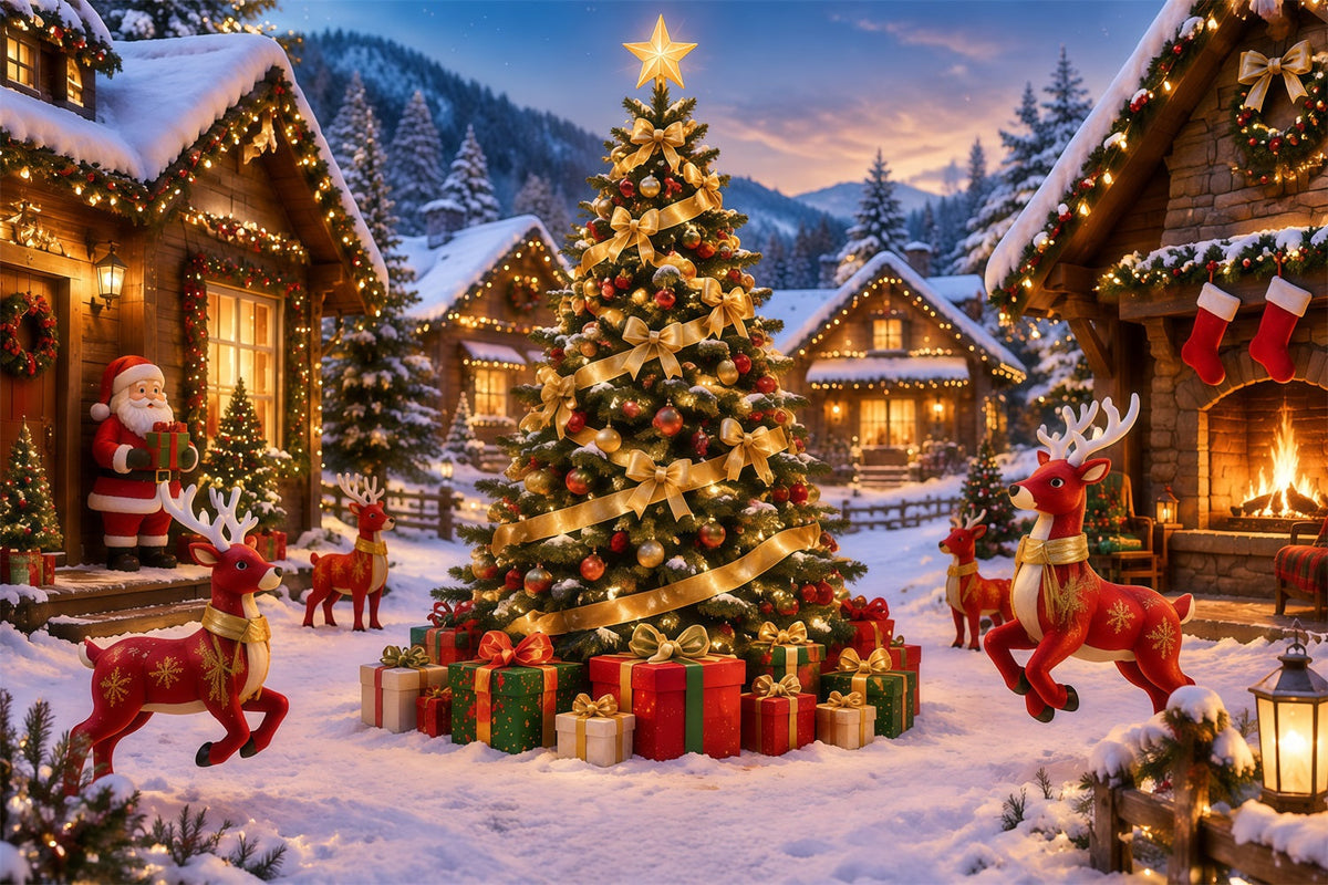 Retro Christmas Backdrop Golden Ribbon Snowy Village Reindeer Photo Backdrop UK RR610-156