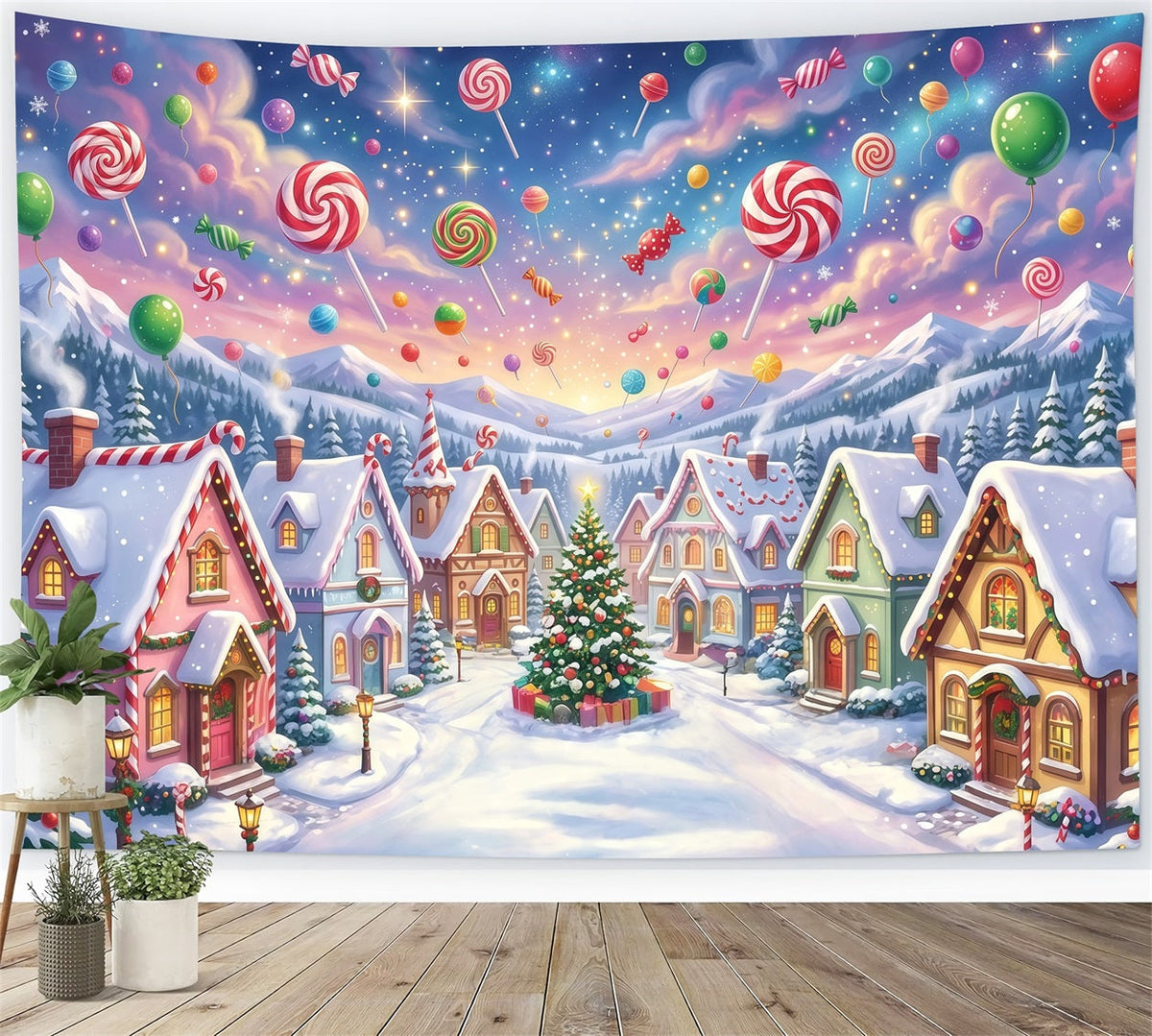 Candyland Christmas Backdrop Candy Lollipop Winter Village Photography Christmas Backdrop UK RR610-157