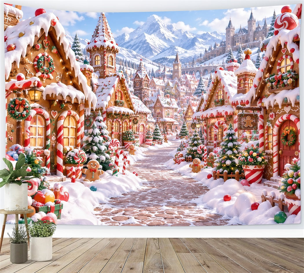 Christmas Gingerbread Backdrop Snowy Candy Mountain Village Christmas Backdrop Picture UK RR610-176