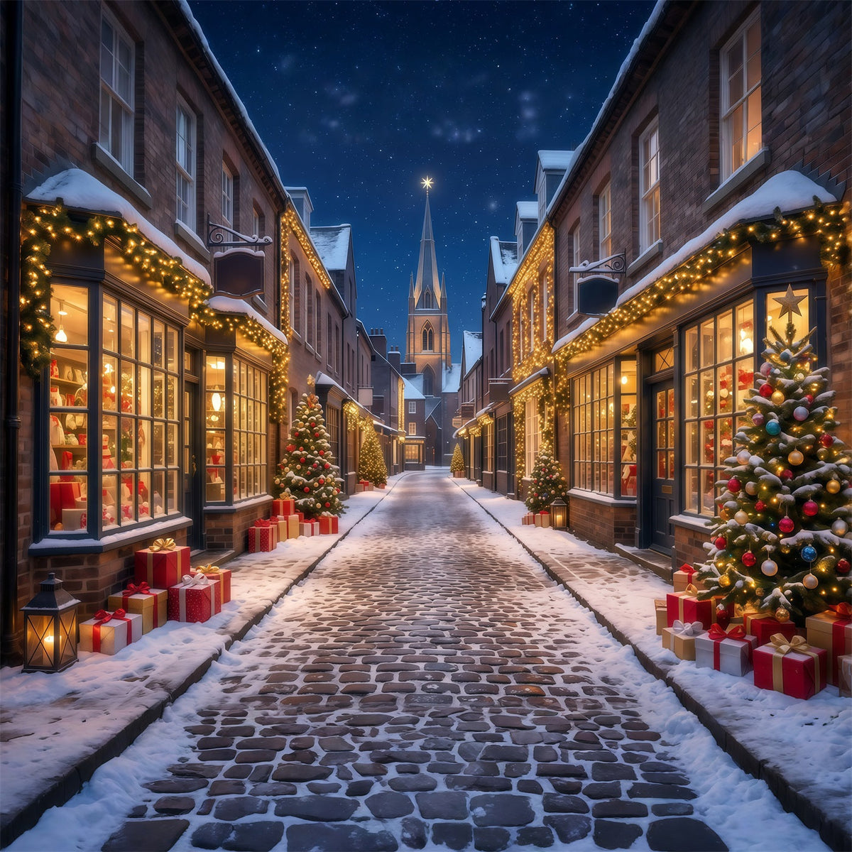 Christmas Village Backdrops Snowy Illuminated Shopping Street Backdrops for Christmas Photos UK RR610-180