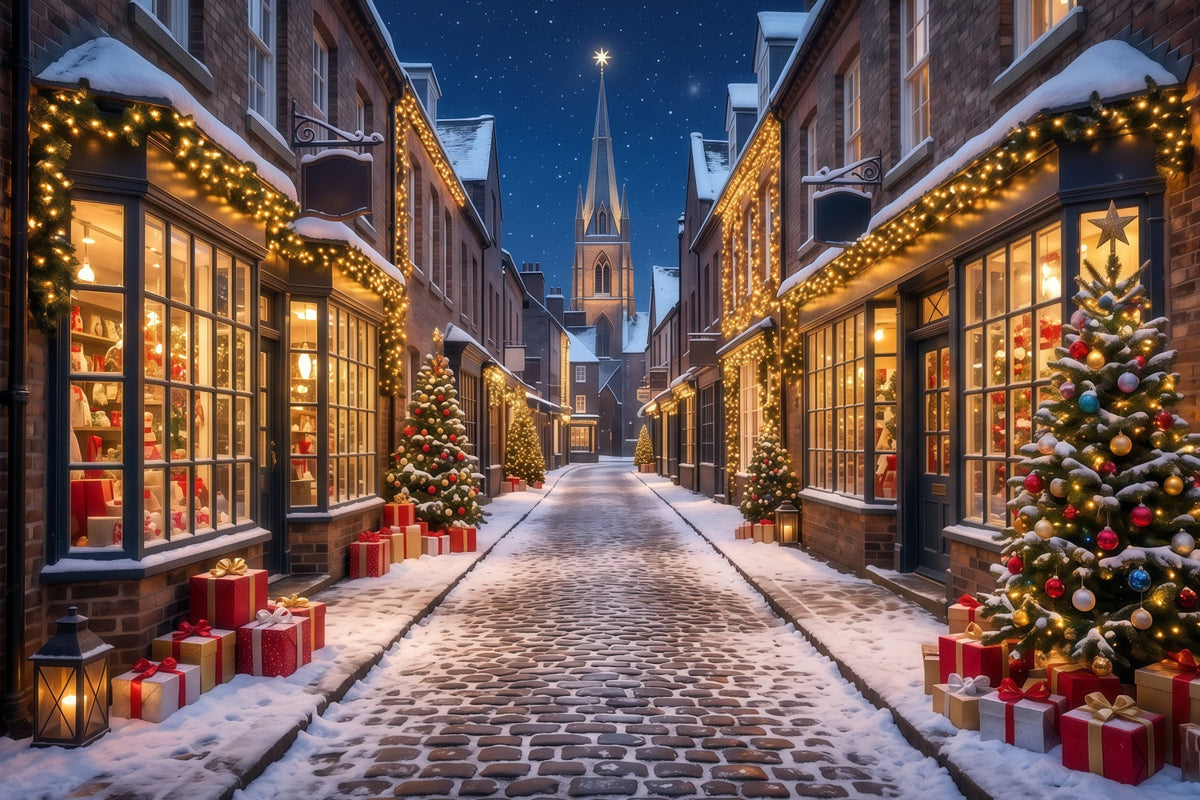 Christmas Village Backdrops Snowy Illuminated Shopping Street Backdrops for Christmas Photos UK RR610-180