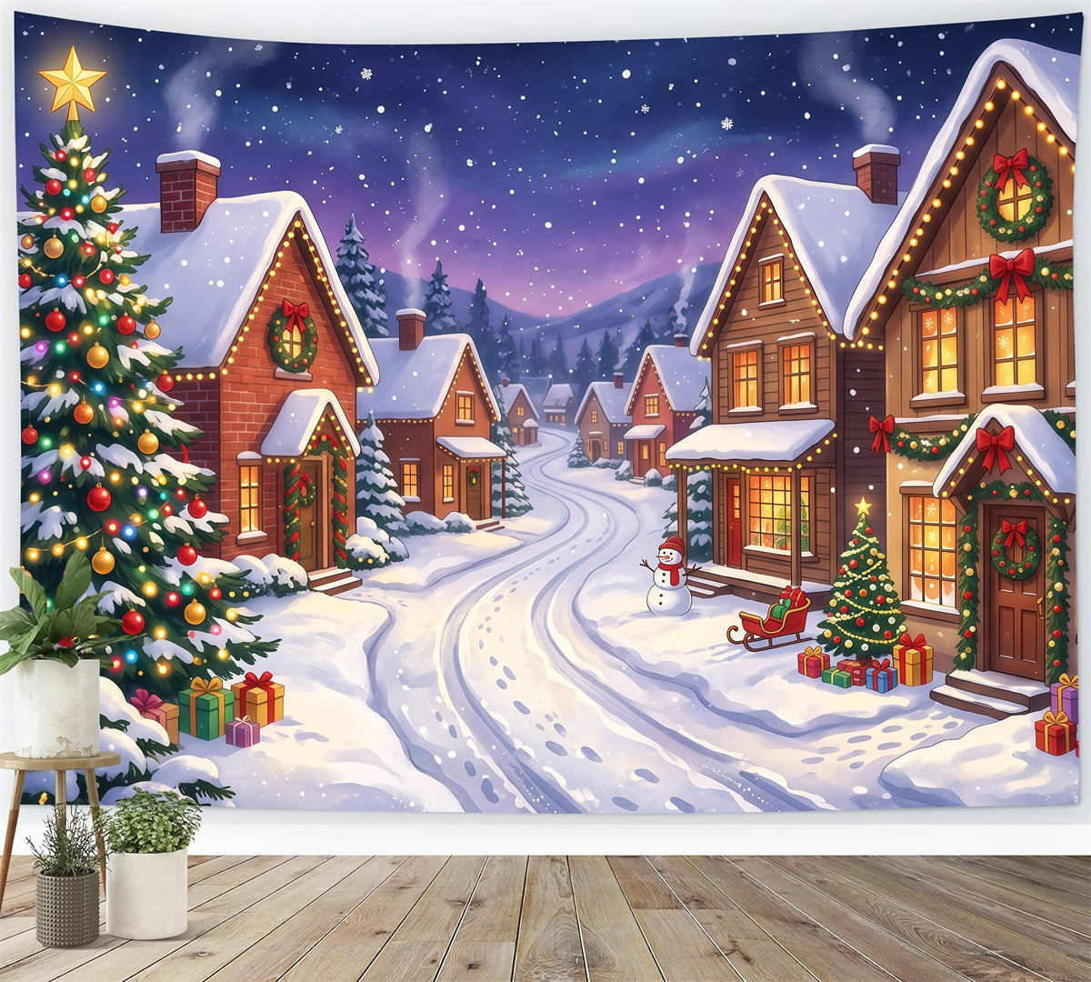 Backdrops For Christmas Village Snowy House Lighted Street 10x8 Christmas Backdrop UK RR610-24