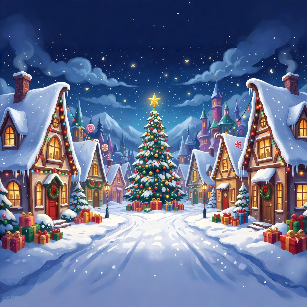 Christmas Village Photo Backdrop Snowy Candy Square Backdrops For Christmas Villages UK RR610-26
