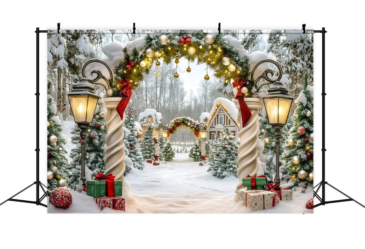 Extra Large Christmas Backdrop Snowy Garland Cottage Entrance Christmas In July Backdrop UK RR610-27