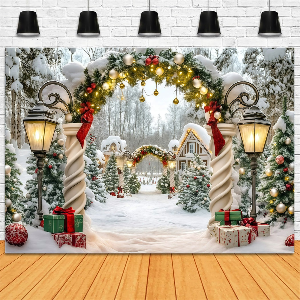 Extra Large Christmas Backdrop Snowy Garland Cottage Entrance Christmas In July Backdrop UK RR610-27