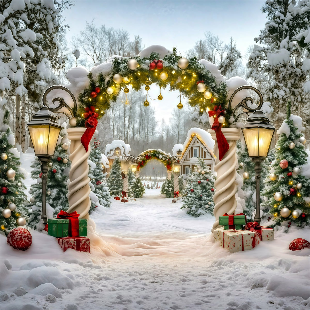Extra Large Christmas Backdrop Snowy Garland Cottage Entrance Christmas In July Backdrop UK RR610-27