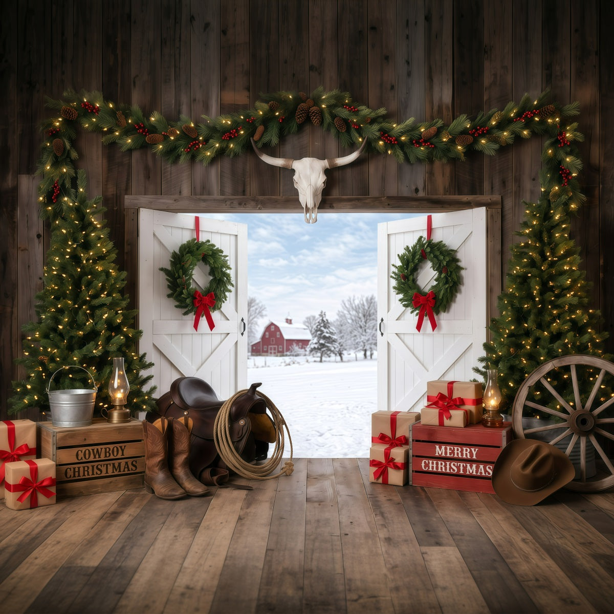 Background Christmas Backdrop Rustic Barn Entrance Cowboy Christmas Backdrop UK RR610-28