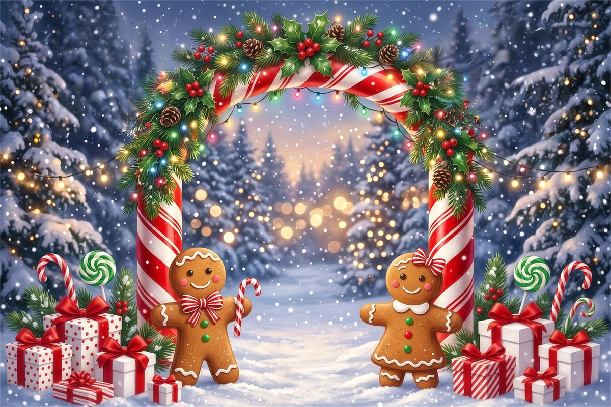 Gingerbread Backdrops Snowy Forest Night Bokeh Candy Cane Backdrop UK RR610-3