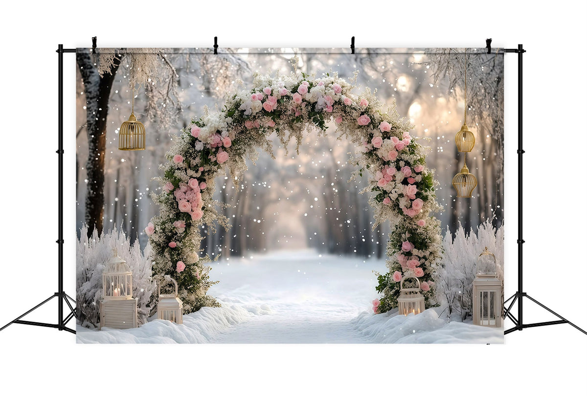 Beautiful Christmas Backdrop Pink Rose Snowy Arch 8x8 Christmas Backdrop UK RR610-30