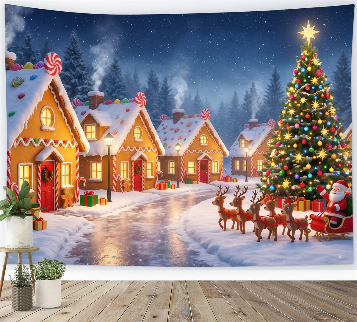Santa's Village Backdrop Gingerbread Village Sleigh Ride Santa Pictures Backdrop UK RR610-31