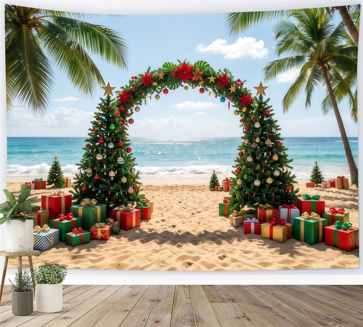Tropical Christmas Backdrop Beach Sea Tree Arch Christmas Present Backdrop UK RR610-35