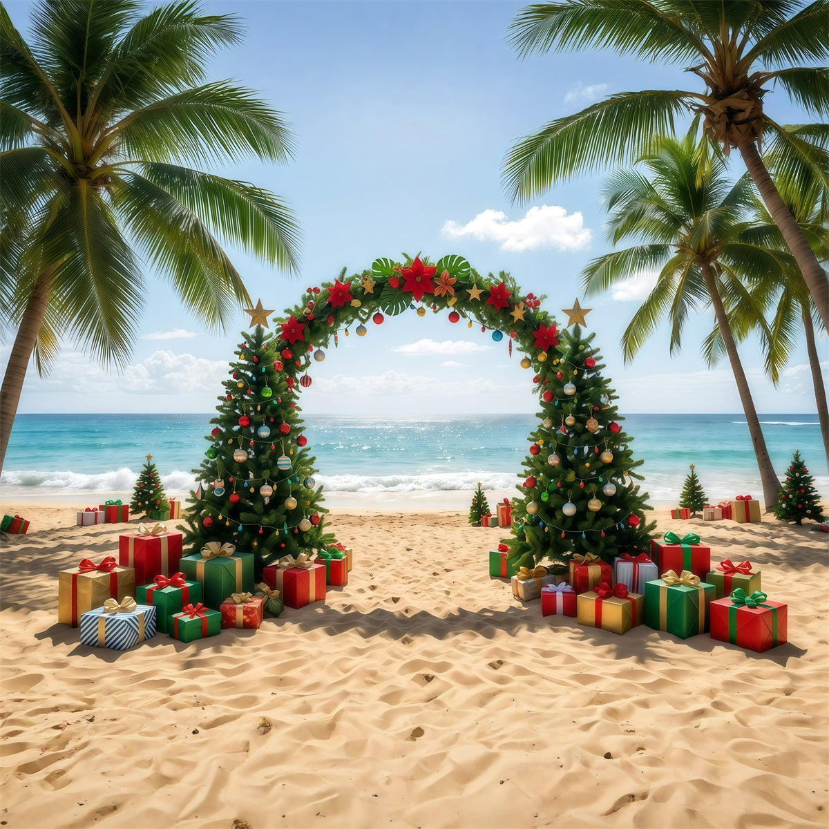 Tropical Christmas Backdrop Beach Sea Tree Arch Christmas Present Backdrop UK RR610-35