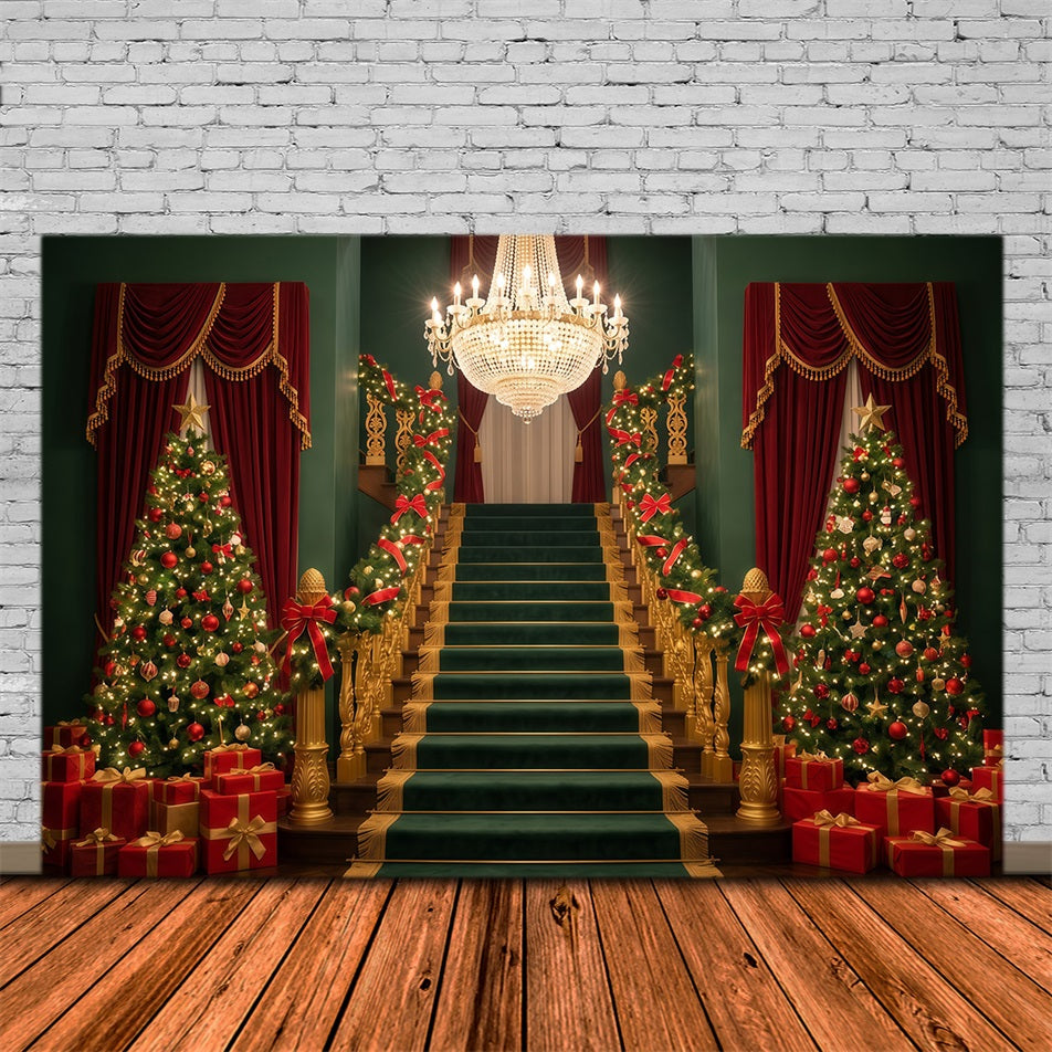 Christmas Staircase Backdrop Grand Chandelier Hall Backdrops For Santa Pictures UK RR610-40