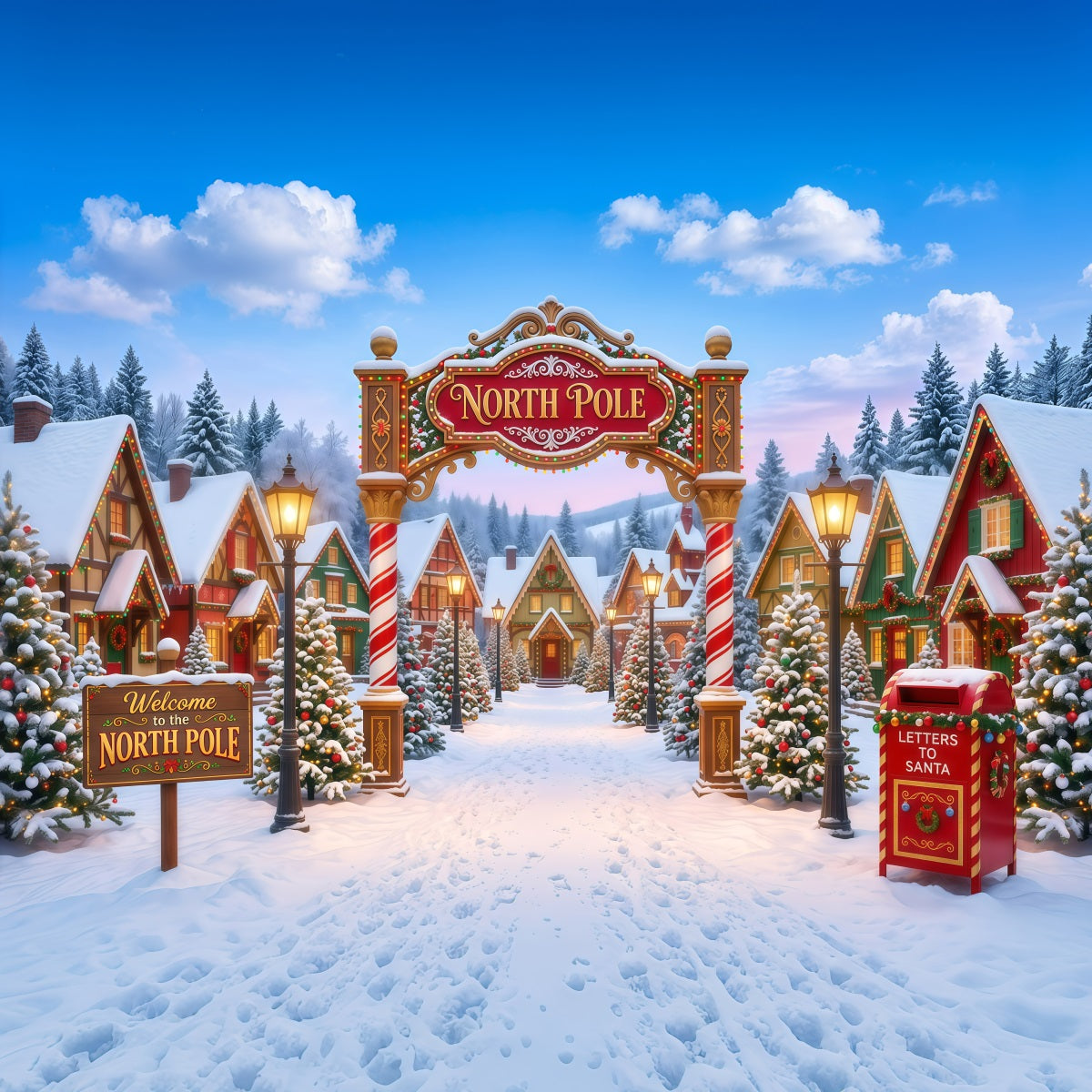 Large Christmas Photo Backdrop Whimsical Snowy Village North Pole Backdrops UK RR610-42