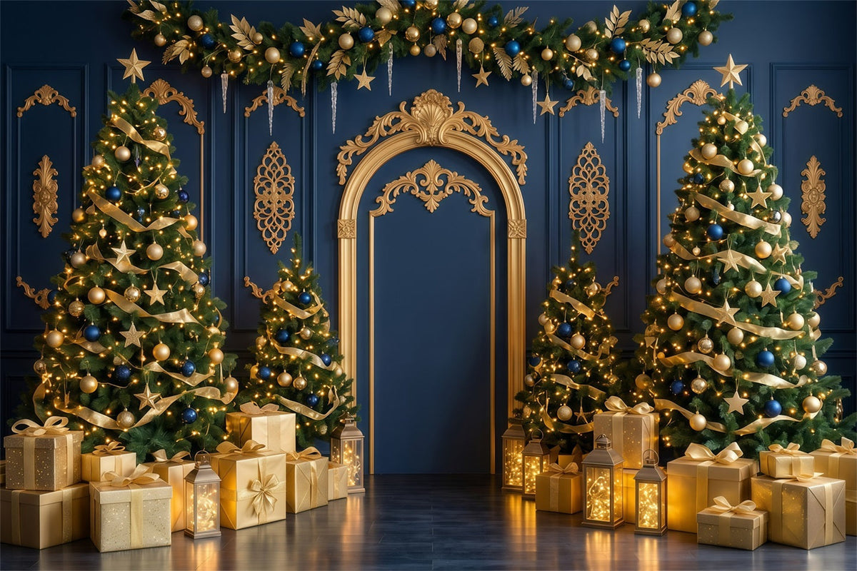 High Quality Christmas Backdrop Navy Gold Arch Display Christmas Holiday Backdrops UK RR610-43